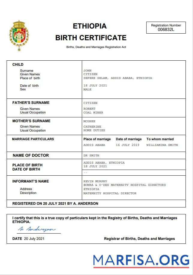 Downloadable Ethiopia vital record birth certificate Word and PDF template
